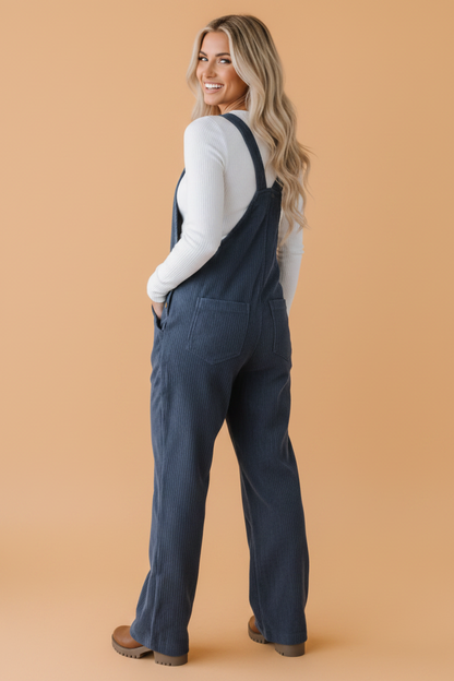 Solid Corduroy Buttoned Adjustable Straps Jumpsuit