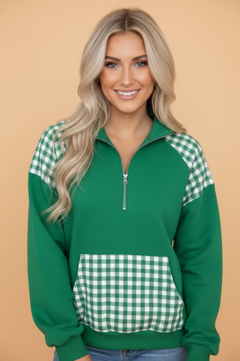 Gingham Patchwork Half Zip Kangaroo Pocket Sweatshirt