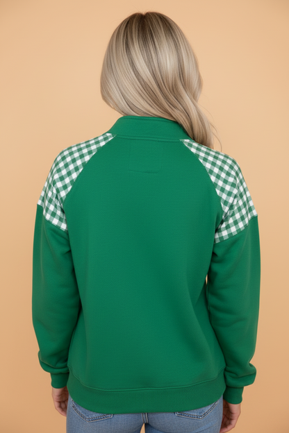 Gingham Patchwork Half Zip Kangaroo Pocket Sweatshirt