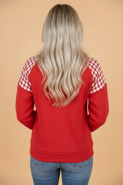 Gingham Patchwork Half Zip Kangaroo Pocket Sweatshirt
