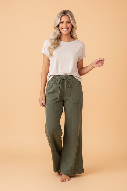 Mineral Wash Seam Detail Flare Leg Drawstring Pants