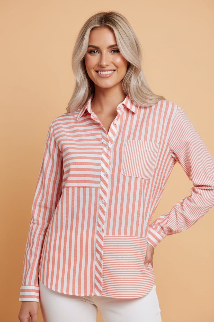 Stripe Patchwork Buttoned Collar Long Sleeve Shirt