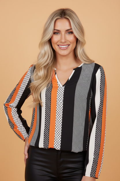 Polka Dot Stripe Notched V-Neck Long Sleeve Blouse