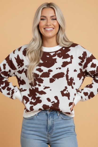 Western Cow Print Ribbed Round Neck Sweater