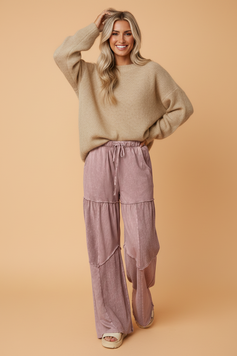 Mineral Wash Tiered Drawstring Wide Leg Pants