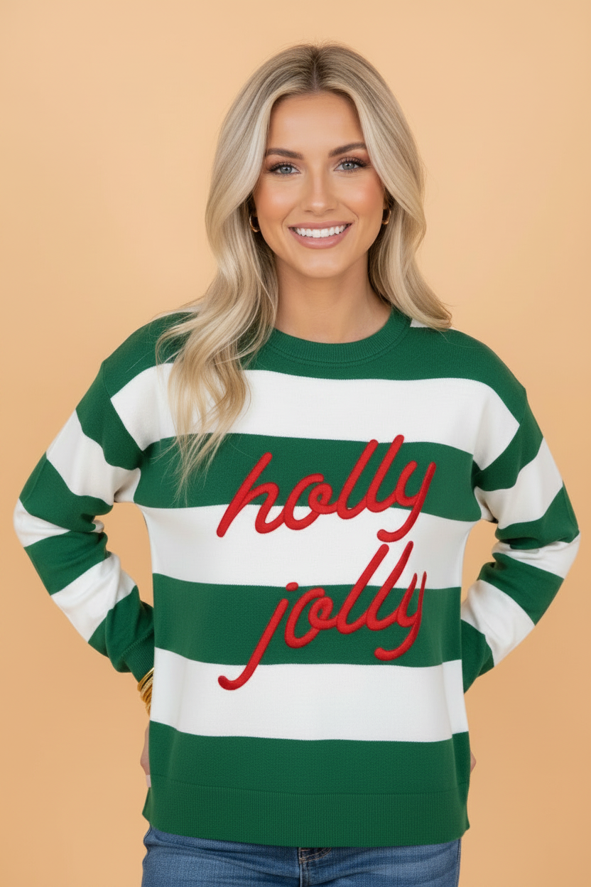 Christmas HOLLY JOLLY Embroidered Stripe Sweatshirt
