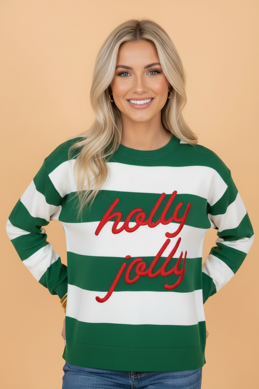 Christmas HOLLY JOLLY Embroidered Stripe Sweatshirt