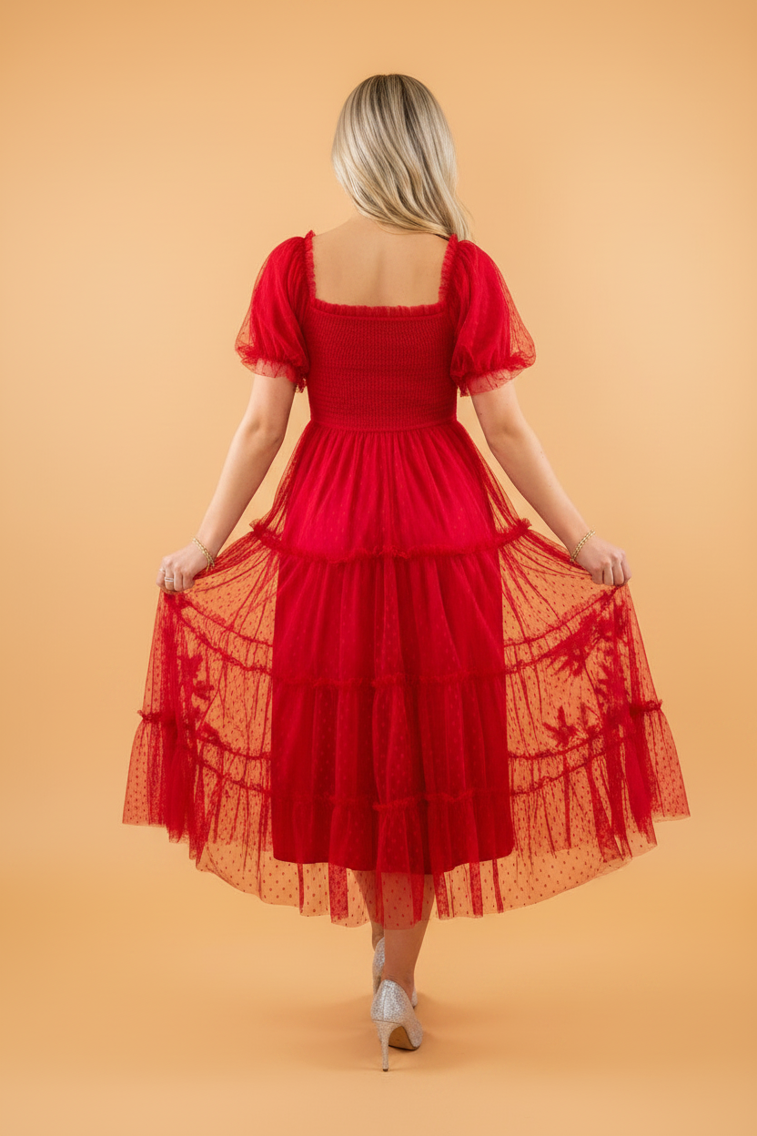 Swiss Dot Tulle Smocked Puff Sleeve Midi Dress