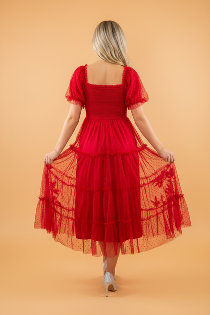Swiss Dot Tulle Smocked Puff Sleeve Midi Dress
