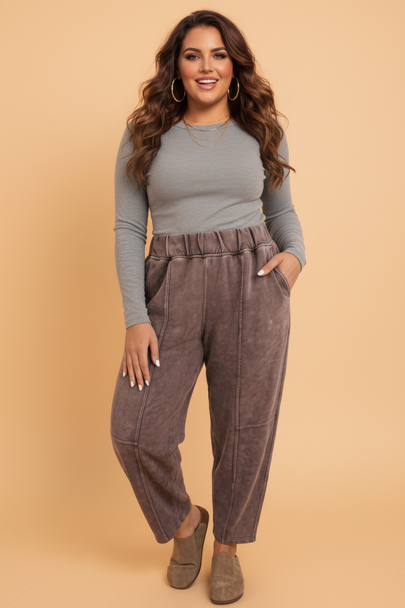 Plus Size Mineral Wash Elastic Waist Barrel Leg Pants