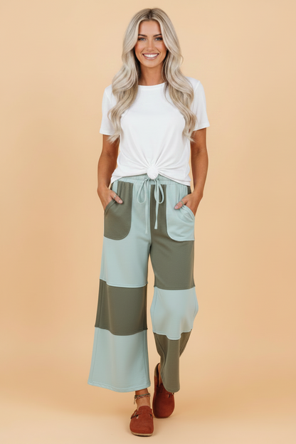 Colorblock Raw Seam Drawstring Wide Leg Pants