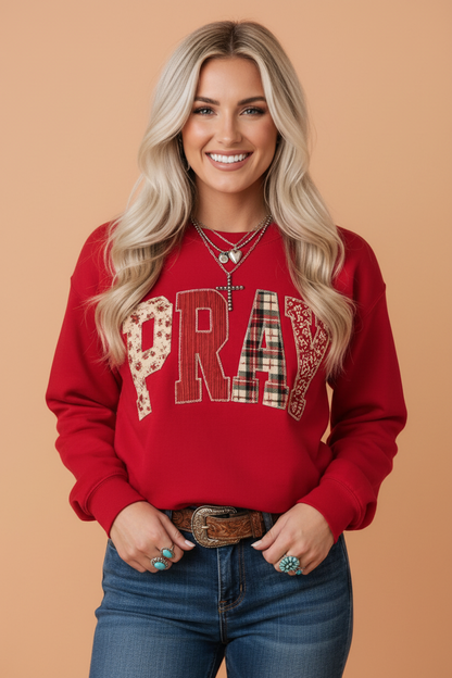 PRAY Embroidered Patchwork Drop Shoulder Sweatshirt