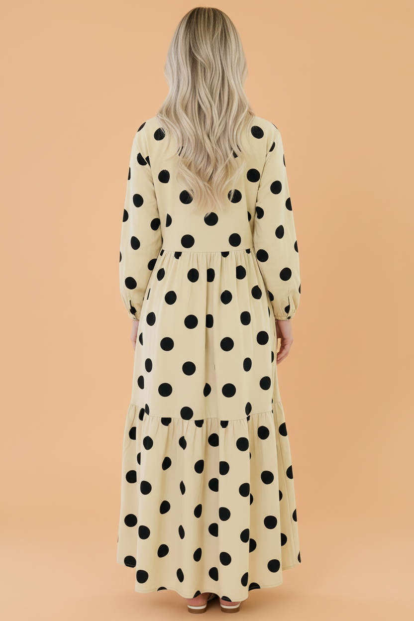 Polka Dot Button Front Long Sleeve Midi Dress