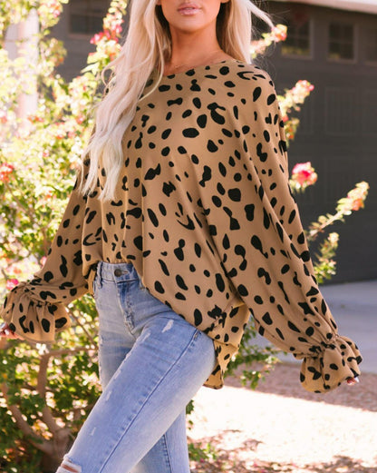 Leopard Ruffle Long Sleeve Blouse