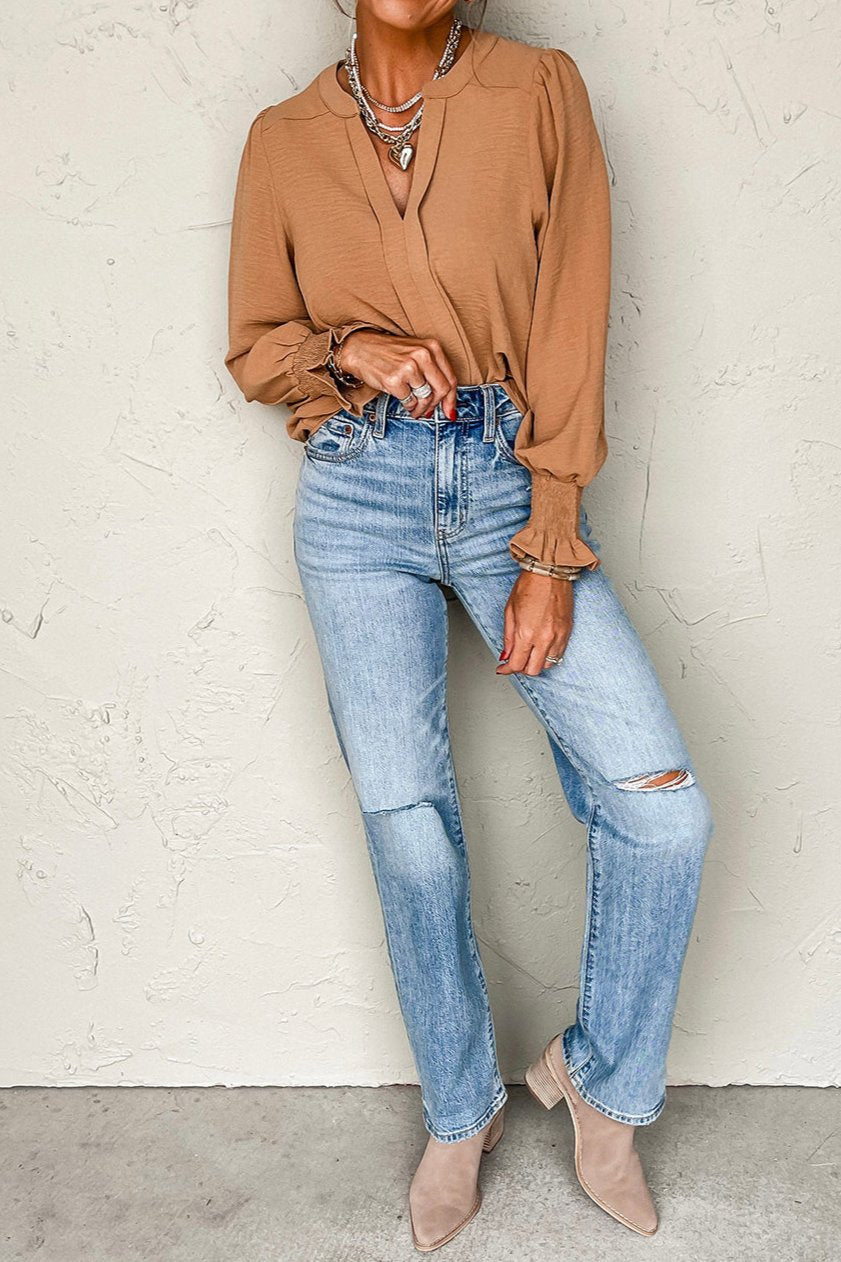 Shirred Long Sleeve V-Neck Blouse