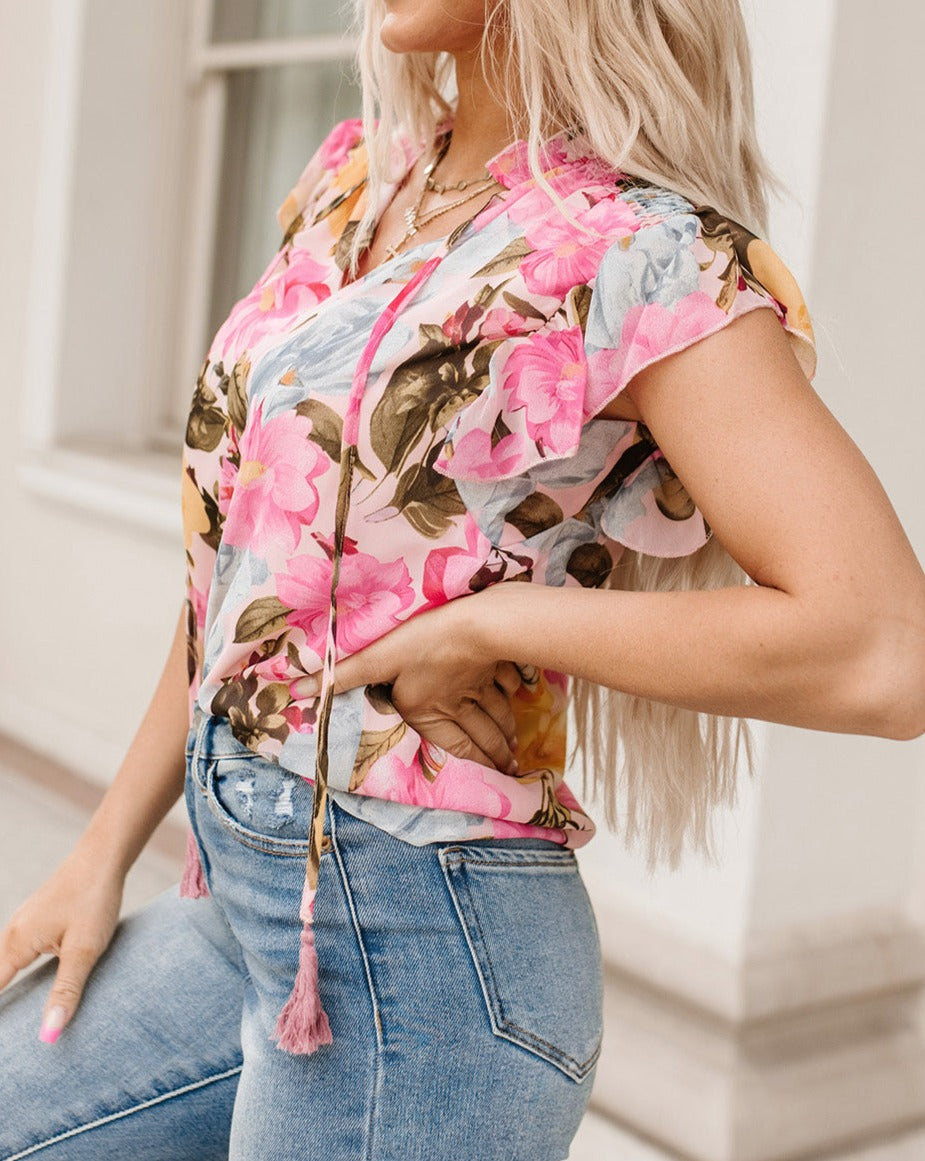 Floral Tassel Tie Short Sleeve Blouse