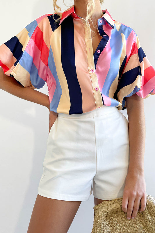 Colorblock Stripe Puff Sleeve Shirt