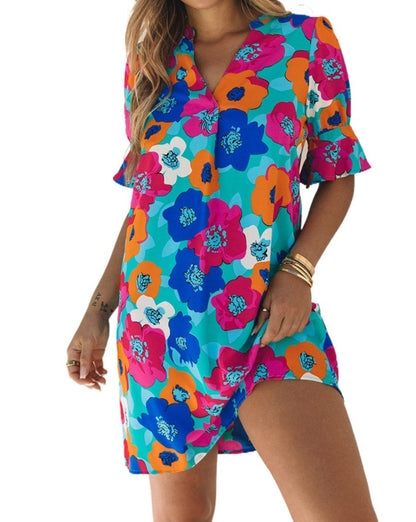 Floral Short Sleeve V-Neck Dress