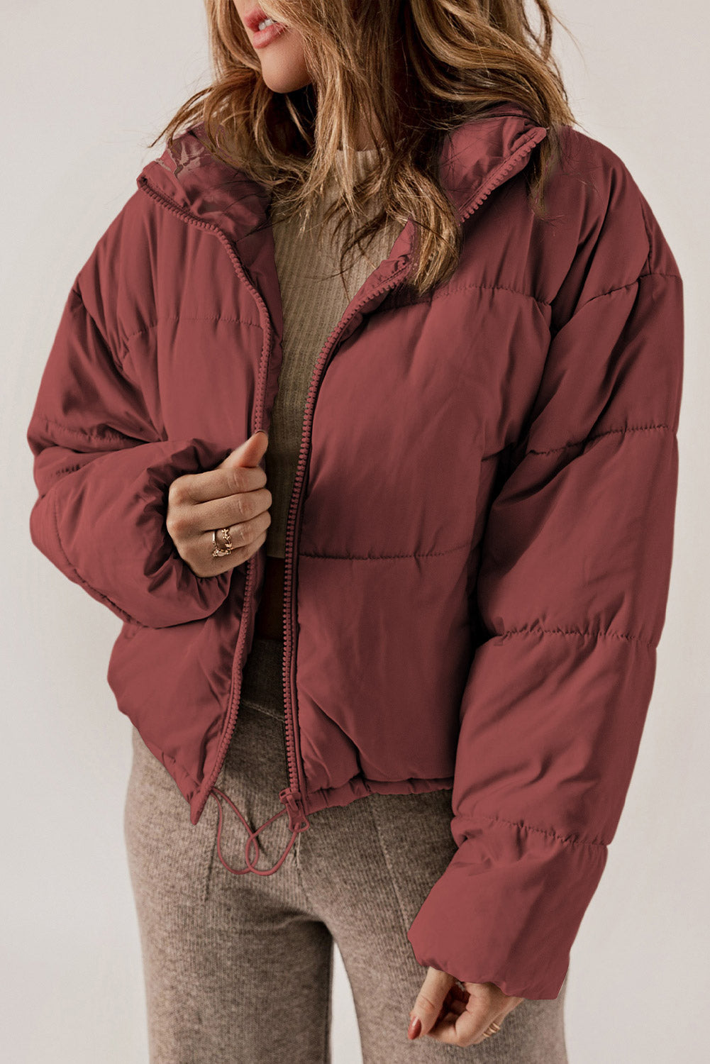 Zip Up Drawstring Puffer Coat