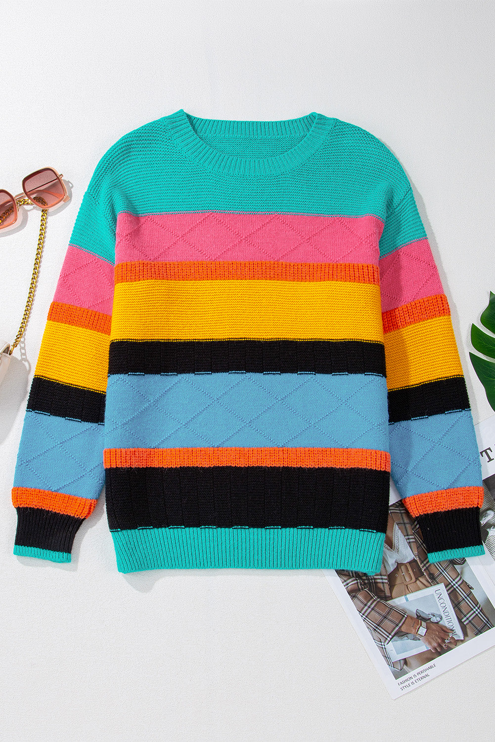 Colorblock Textured Drop Shoulder Sweater