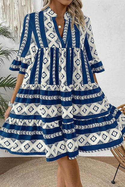 Geometric V-Neck Ruffle Dress