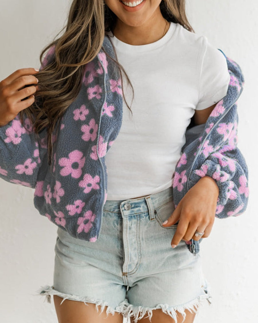 Floral Zip up Sherpa Jacket