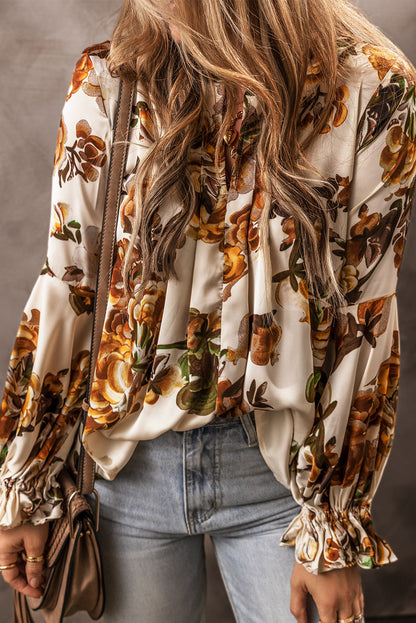 Floral Flounce Sleeve Pleated Blouse