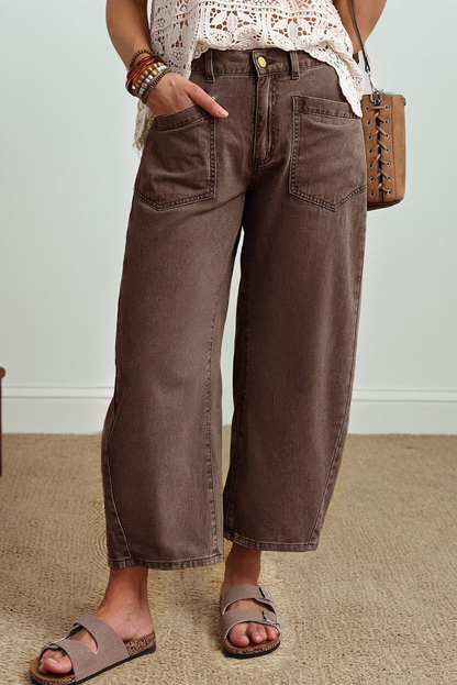 Solid Denim Patch Pocket Barrel Leg Jeans