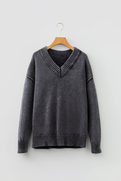 Mineral Wash Reverse Seam V-Neck Drop Shoulder Sweater