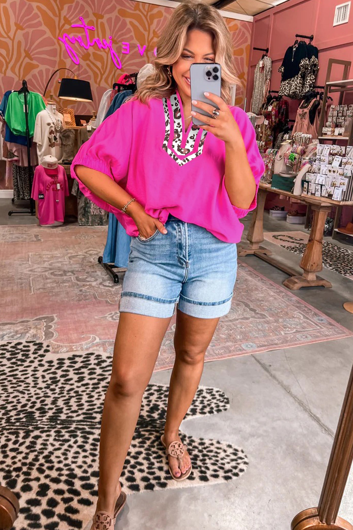 Leopard Patchwork Dolman Sleeve V-Neck Blouse