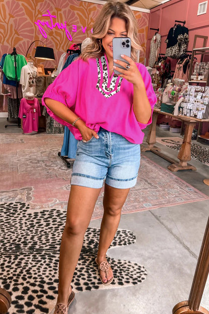 Leopard Patchwork Dolman Sleeve V-Neck Blouse