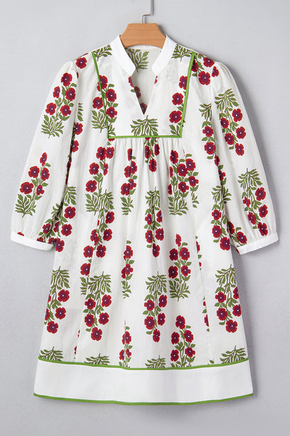 Floral Notched V-Neck 3/4 Sleeve Dress