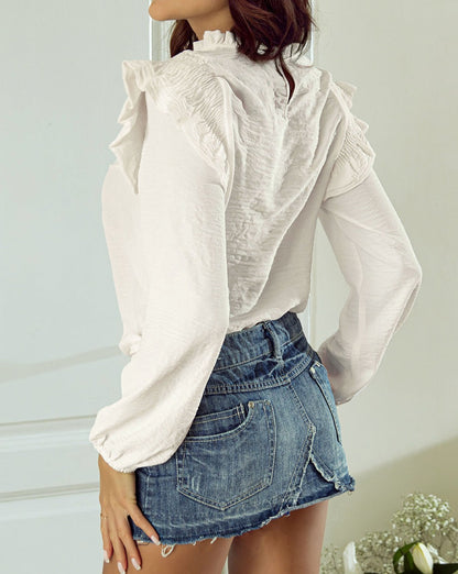 Ruffle Shirred Bubble Sleeve Blouse