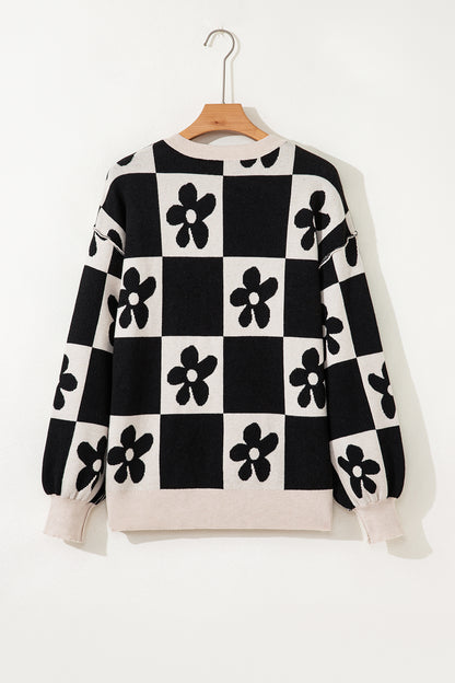 Flower Checker Henley Baggy Sweater
