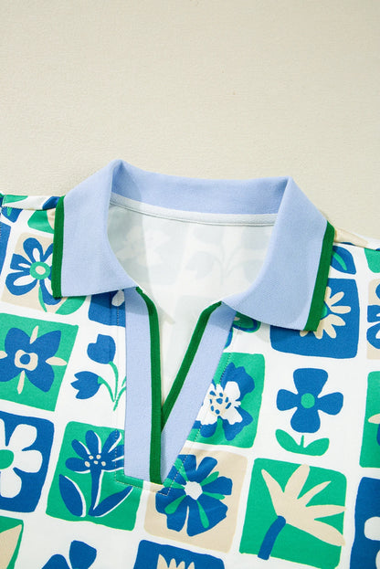 Floral Plaid Trim Collar Flutter Sleeve Blouse