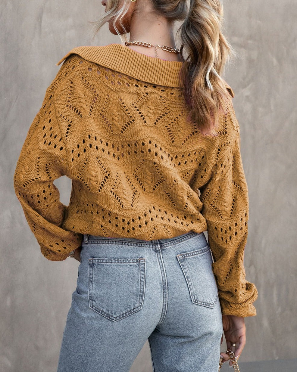 Hollowed Knit Collared V-Neck Sweater