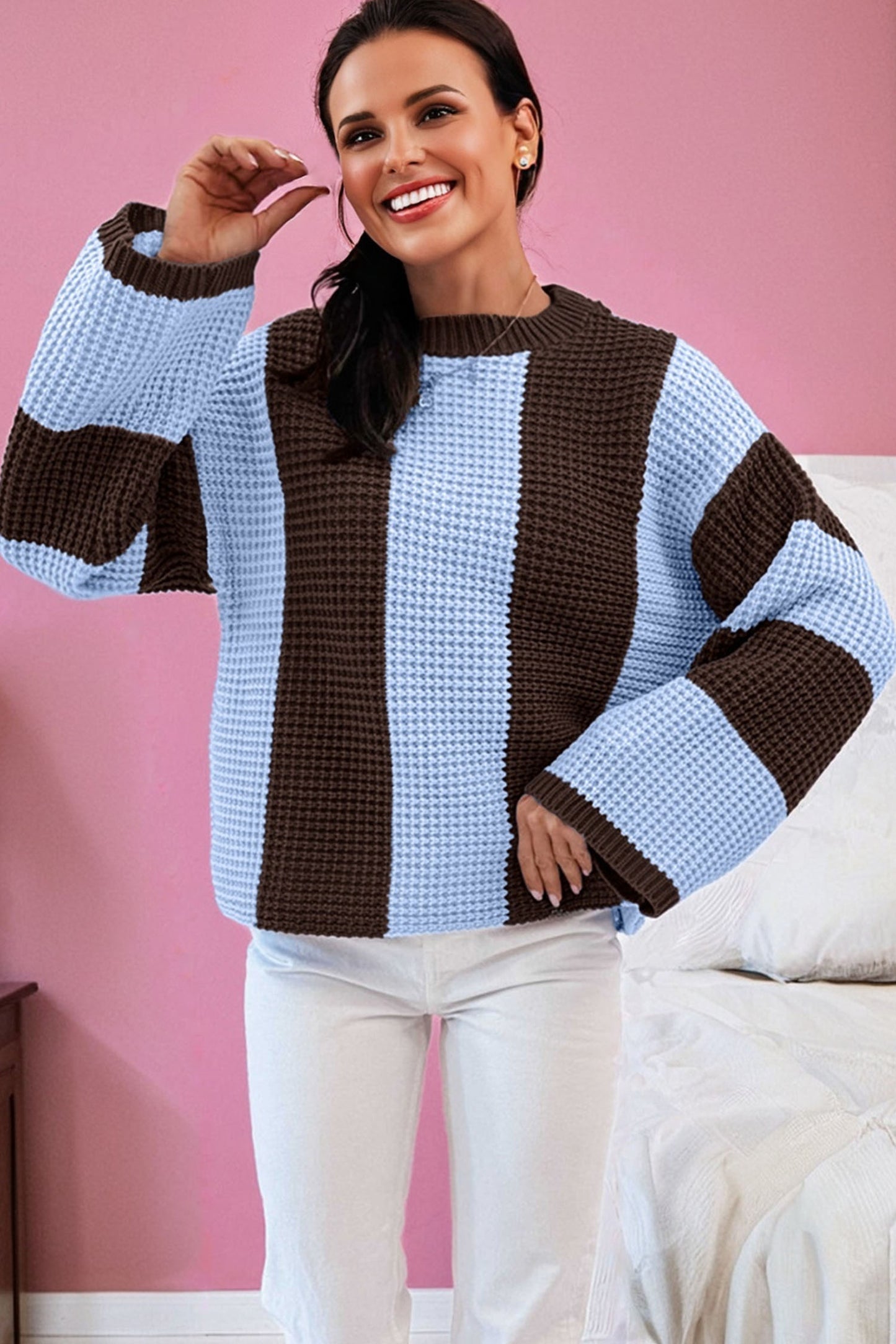 Stripe Colorblock Thermal Textured Knit Drop Shoulder Sweater