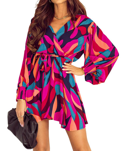 Abstract Belted Puff Sleeve Dress