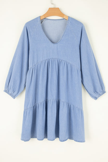 Chambray Puff Sleeve Ruffle Mini Dress