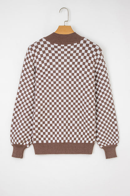 Checker Ribbed Trim Half-Button Sweater