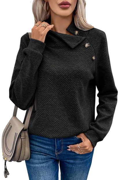 Geometric Textured Buttoned Collar Sweatshirt