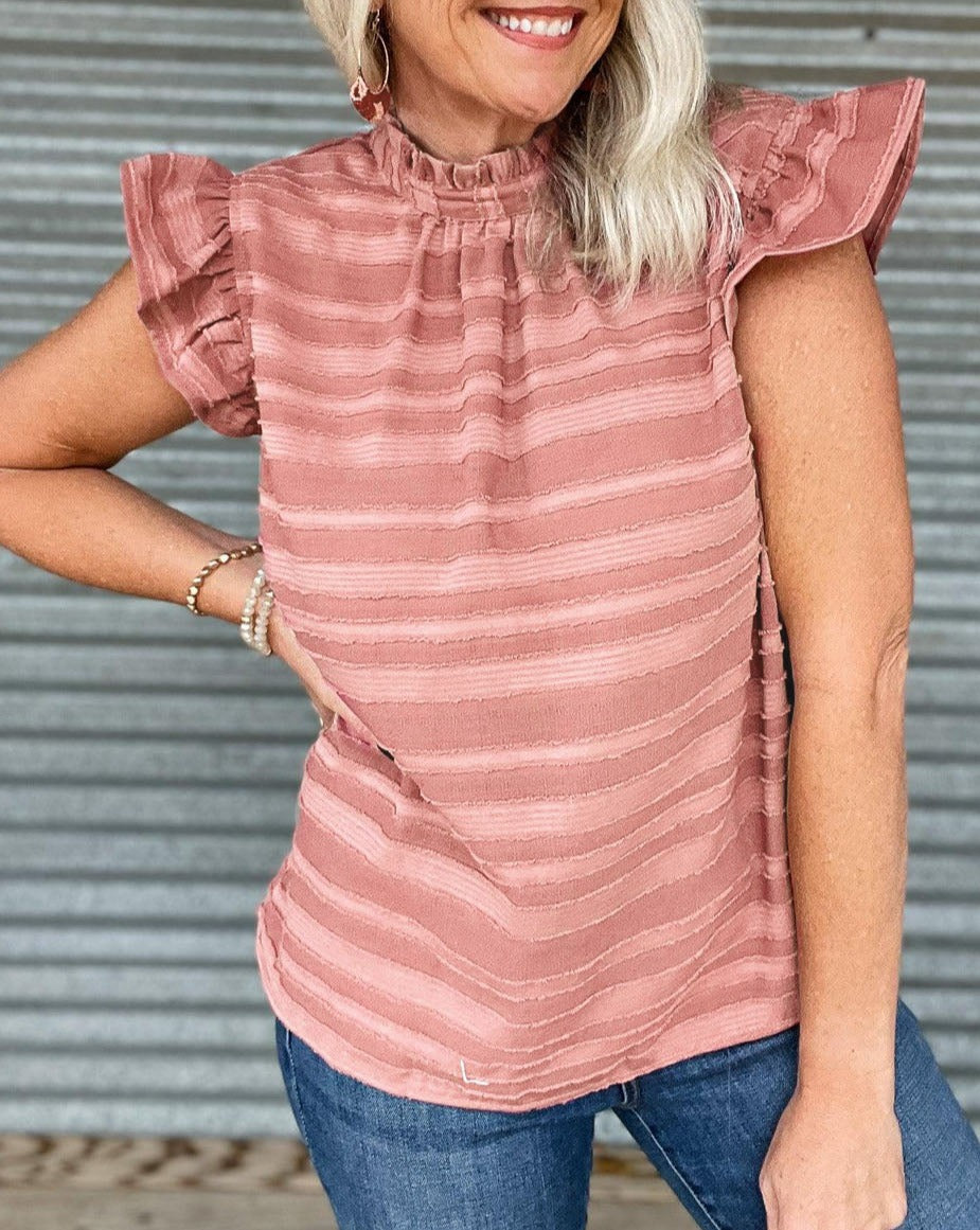 Stripe Textured Ruffle Sleeve Blouse