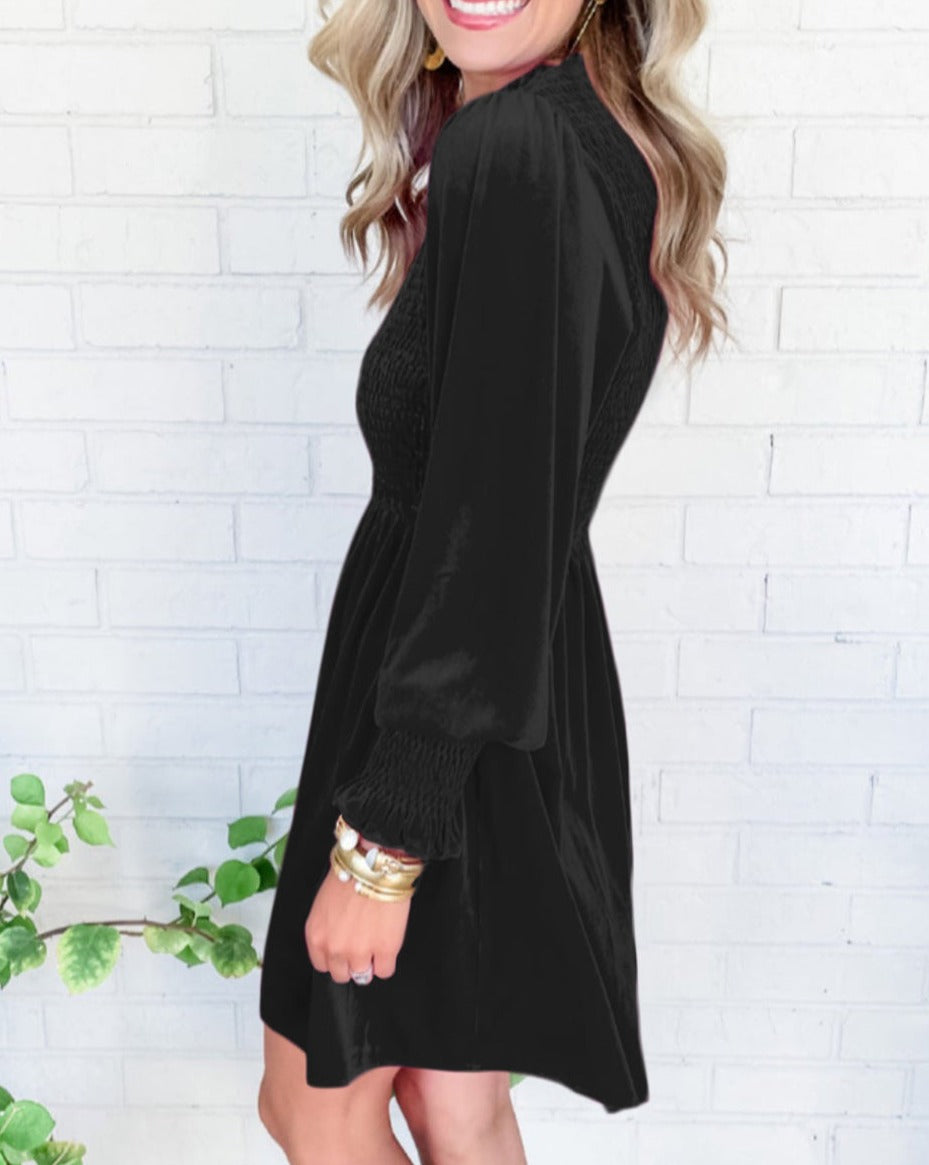 Velvet Smocked Puff Sleeve Dress