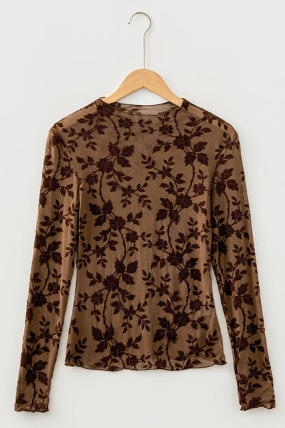 Floral Velvet Burnout Mesh Long Sleeve Top