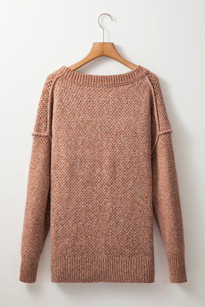 Eyelet V-Neck Drop Shoulder Sweater