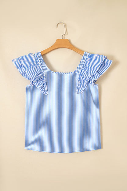 Stripe Bow Square Neck Ruffle Sleeve Blouse