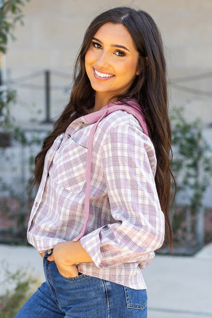 Checker Button-Up Chest Pocket Hooded Shacket