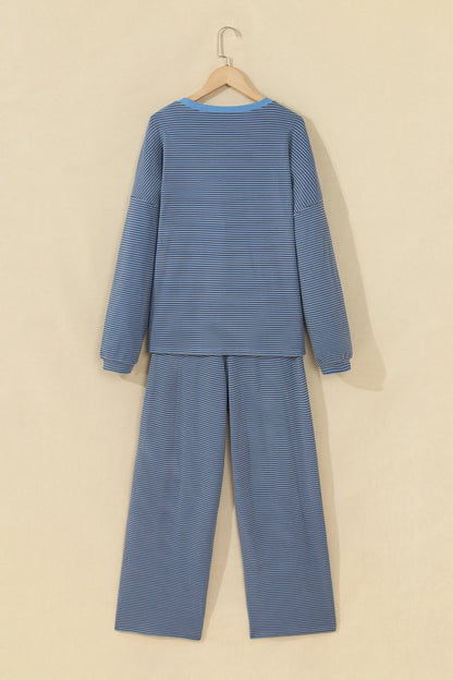Stripe Contrast Trim Long Sleeve Top & Pant Set