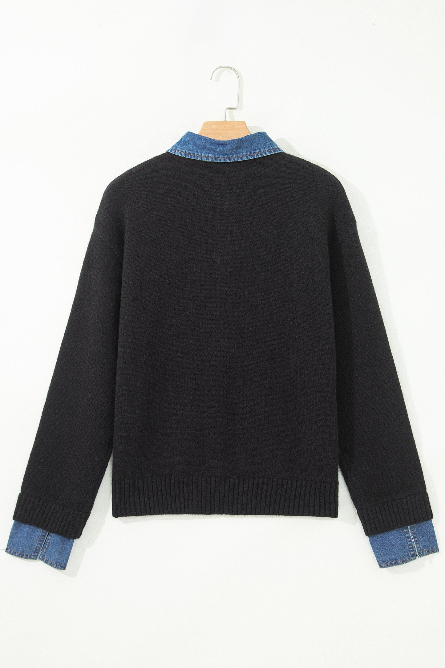 Denim Patchwork Collar Cuffed Long Sleeve Sweater