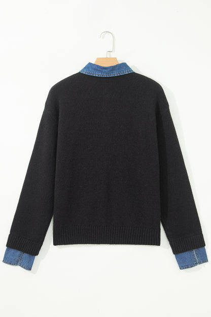Denim Patchwork Collar Cuffed Long Sleeve Sweater